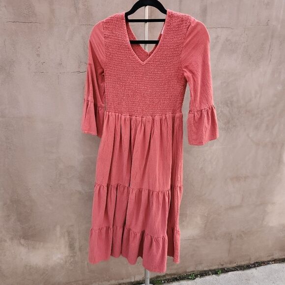 Loveriche shirred bodice ruffle midi dress rust/ brick red colored - Picture 2 of 10